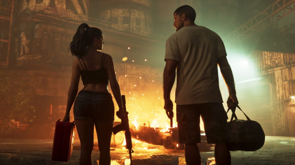 Jason and Lucia with guns
