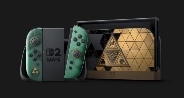 Zelda 40th anniversary Nintendo Switch 2 with green Joy-Con 2 and a gold-and-black Triforce dock.