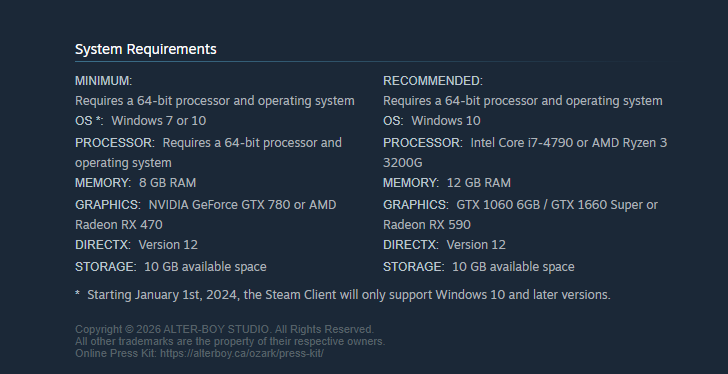 Ozark system requirements